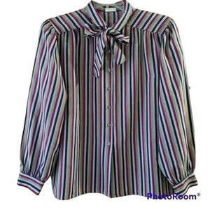 Koret Vintage Exaggerated Sleeve Stripe‎ Button Down Bow Tie Blouse